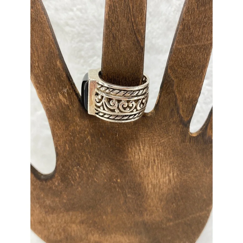 Vintage Sterling Silver 925‎ Ring with Black Onyx Stone Ornate Band